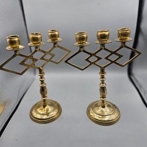 Pair of Brass etched  3 candle candelabra